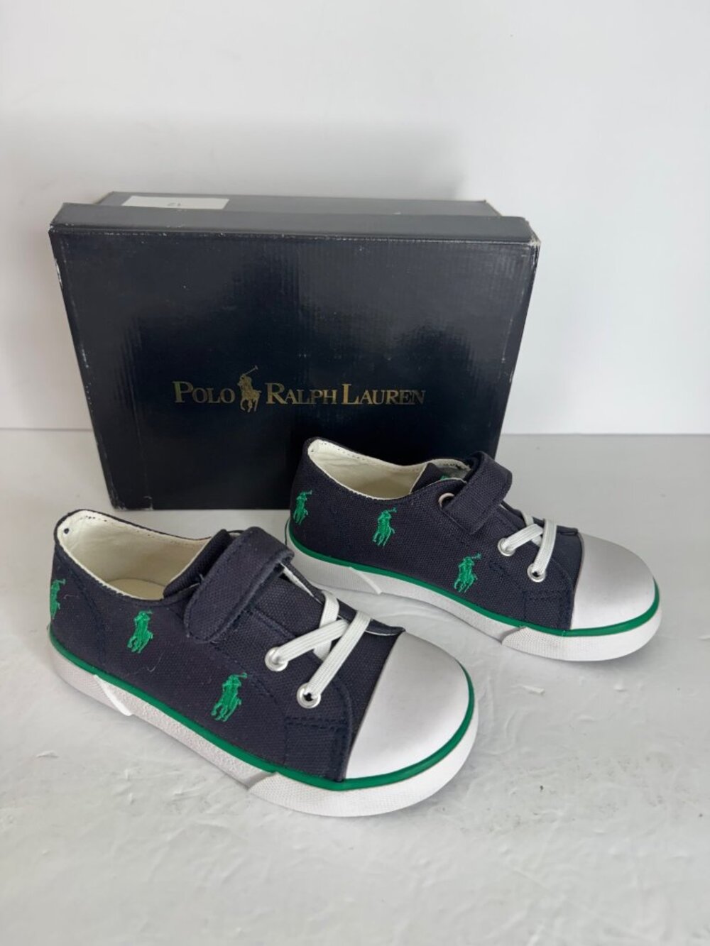 Polo Ralph Lauren Bal Harbour Cap Toe Repeat Toddler Sneaker Size 9 Navy Green - Picture 2 of 6